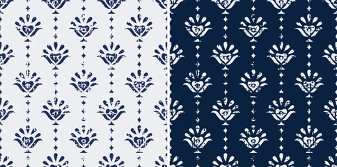 Blue Geometrical and Paisley Damask Repeat Vector Pattern