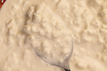 cottage cheese made from milk with cream closeup, grainy cottage cheese with cream on the table