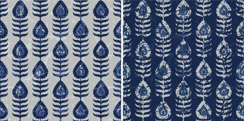 Blue Textured Ajrakh Damask and Paisley Block Print Repeat Vector Pattern