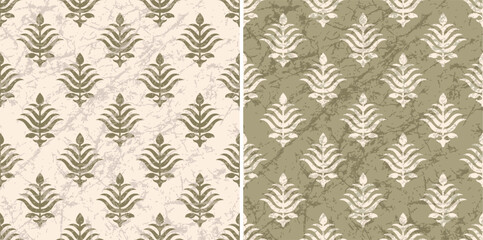 Adhesive Textured Leaf Batik with Textured Background Block Print Repeat Vector Green Pattern