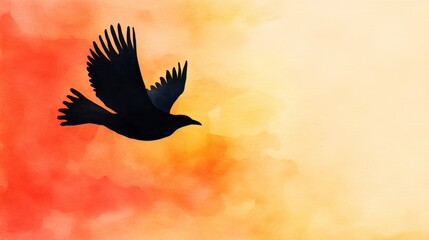 Fototapeta premium Bright Watercolor Sky with Bird Soaring in Vibrant Orange and Yellow Hues
