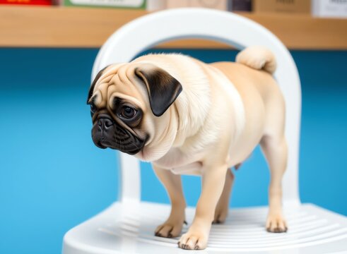 an image of a small dog standing on a white chair, there is a small pug dog standing on a white chair