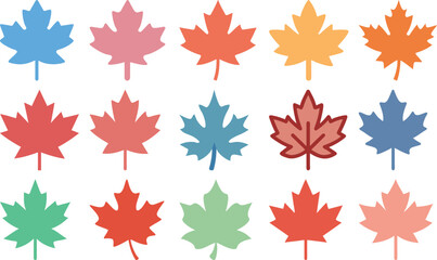 Set of colorful maple leaf icons, vector autumn foliage symbols, multicolor Canadian emblem, seasonal nature elements, isolated on white background