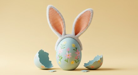 Fototapeta premium Decorated Easter egg with painted flowers and bunny ears surrounded by cracked shell on yellow background