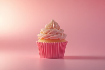 A single frosted cupcake displayed with pink pastel background ambiance