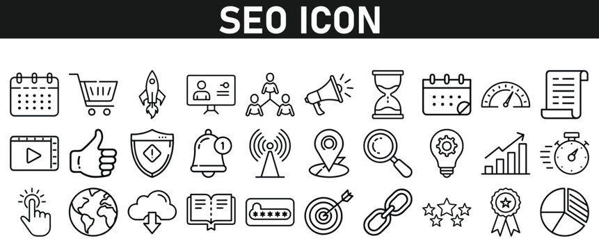 Seo icon set. Search Engine Optimization icon collection. Containing marketing, traffic, ranking, optimization and keyword. Icons vector collection.