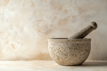 A grey stone mortar and pestle against a painted background