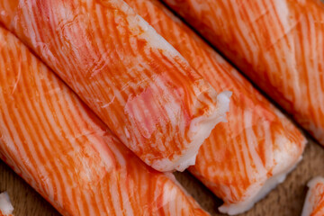 imitation crab meat sticks without authentic crab meat, close up, top view