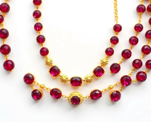 Double-layered gold necklace with ruby beads and floral engravings Generative AI