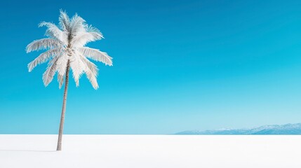 Obraz premium Rare Frost-Covered Palm Tree Against Bright Blue Sky and White Landscape