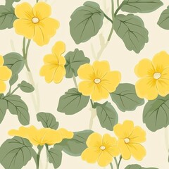 Seamless Floral Pattern Featuring Vibrant Yellow Flowers and Lush Green Leaves on a Soft Cream Background