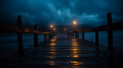 Fototapeta premium Nightfall Pier Misty Lake with Wooden Dock, and Dramatic Sky.