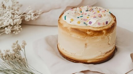 Easter cake with white frosting and colorful sprinkles on soft fabric
