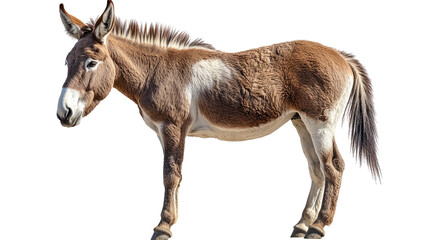 Obraz premium Majestic Donkey Portrait: A striking profile of a sturdy donkey, showcasing its unique coat pattern, alert ears, and gentle disposition, standing confidently against a bright background.