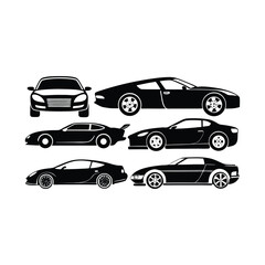  A set of black car icons and silhouettes vector illustration depicts various automobile transportation vehicles like sedan, truck, and van