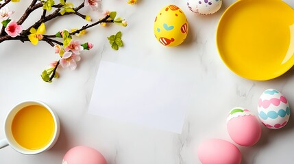 Colorful Easter eggs with yellow plate, flowers and blank paper on marble background, copy space