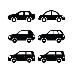  A set of black car icons and silhouettes vector illustration depicts various automobile transportation vehicles like sedan, truck, and van