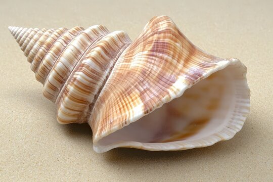 A beautiful seashell rests on a bed of fine golden sand