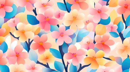 Abstract floral seamless pattern. Bright colors, blossoms, stylized leaves and twigs. Soft pink, orange, blue, yellow. Gentle, vib