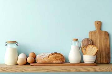 Fresh baked goods and dairy on a wooden shelf against a light blue wall