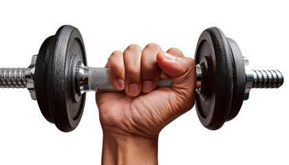 Hand of strength with dumbbell isolated on PNG white transparent background.