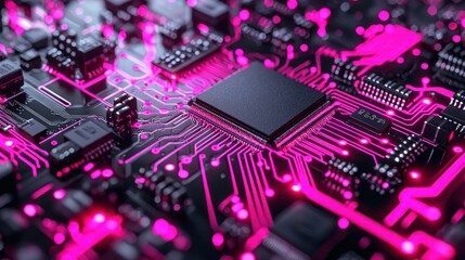 Fototapeta premium Close-up of a Futuristic Circuit Board with Glowing Pink Traces