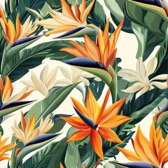 Vibrant Seamless Botanical Pattern Featuring Tropical Flowers and Lush Green Foliage
