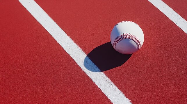 A lone baseball rests on the red infield dirt, a moment of quiet before the game's energy explodes onto the field, basking in the bright sunlight.