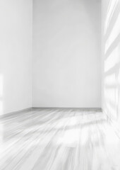 Empty modern room with bright sunlight streaming through windows creating shadows