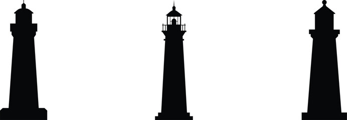 Three Lighthouse Silhouettes of Coastal, Maritime, Navigation Beacons Vector