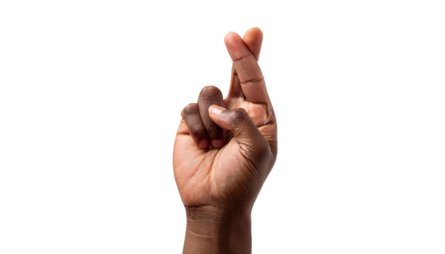 Hand crossed fingers for good luck isolated on PNG white transparent background.