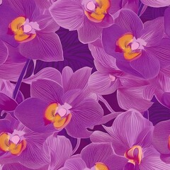 Vibrant Seamless Pattern of Purple Orchids with Yellow Accents on a Deep Purple Background