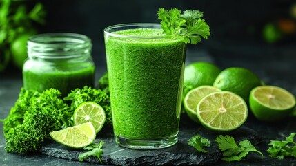 Vibrant green smoothie with fresh limes and herbs.  A healthy, vibrant beverage made with fresh ingredients