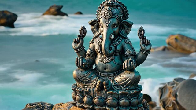 A beautifully crafted statue of Lord Ganesh sits majestically on a rocky outcrop, surrounded by waves crashing against the shore under a bright blue sky.