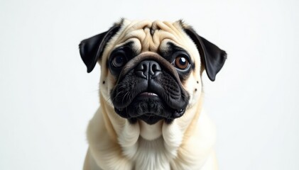Obraz premium Single pug against pure white backdrop, expressive face , animal, cute, animal photography