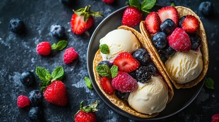 A delicious dessert featuring ice cream in waffle cups, topped with fresh strawberries, blueberries, and mint leaves.