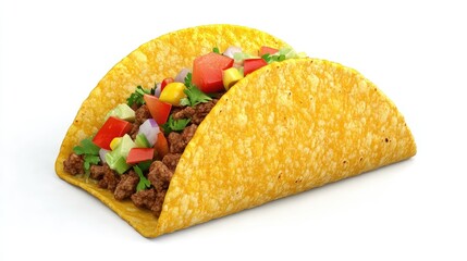 A crunchy 3D close-up of a fresh taco filled with meat and vegetables, placed on a white background with copy space
