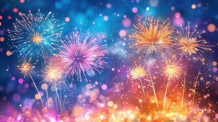 Fototapeta premium A vibrant display of fireworks bursting against a colorful background, creating a festive and celebratory atmosphere.