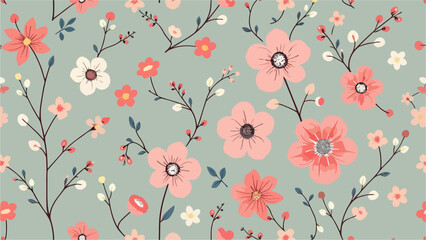 Spring Floral Seamless Pattern, abstract seamless pattern with flowers and branches, background graphic design print vector illustration, vintage colors.	
