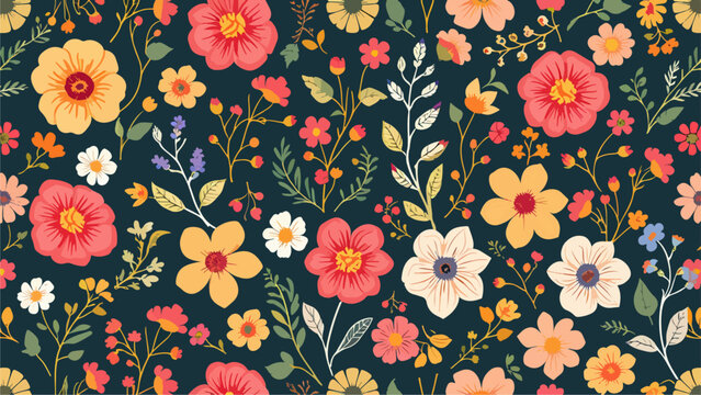 Fototapeta Seamless pattern with flowers, Hand drawn Flowers and branches in Scandinavian style