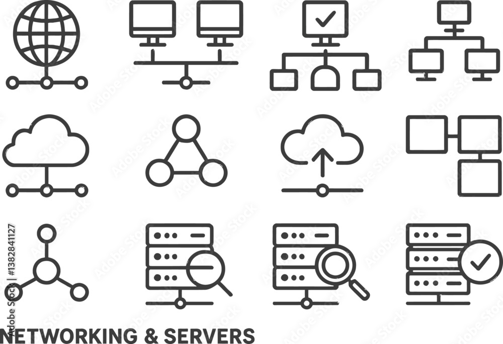 Poster Vector illustration of line icons showcasing networking and server concepts with various technology symbols