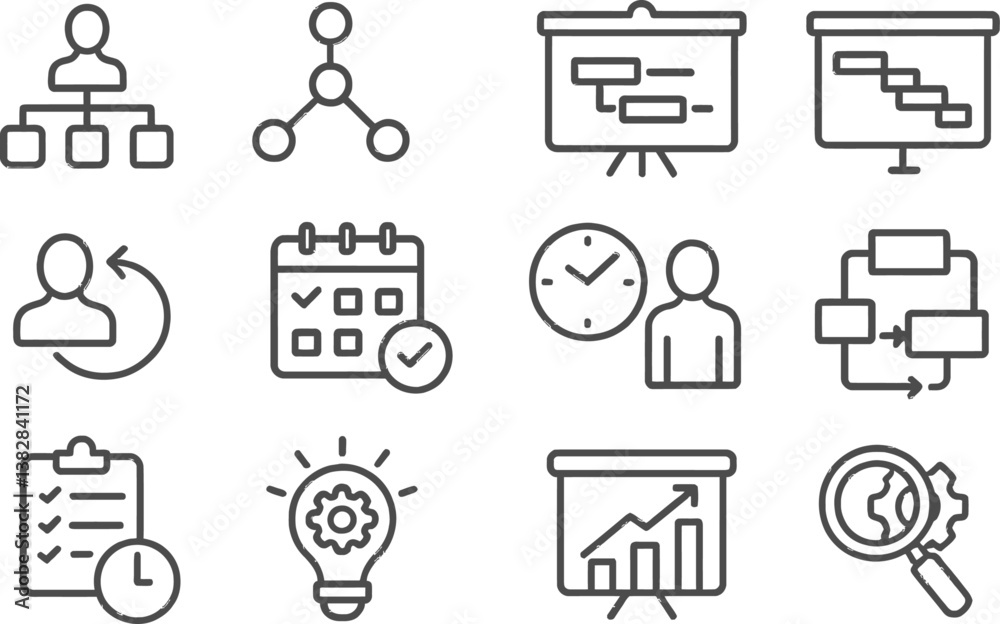Poster Vector illustration of various line icons depicting project management, scheduling, and team collaboration activities