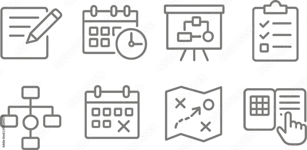 Poster vector illustration of line icons representing planning, scheduling, and organizational tools for ef