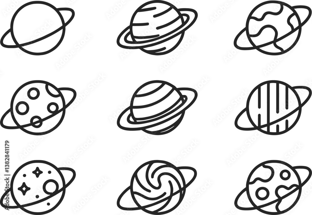 Poster Collection of vector illustration line icons depicting various planets in a simplistic and modern design