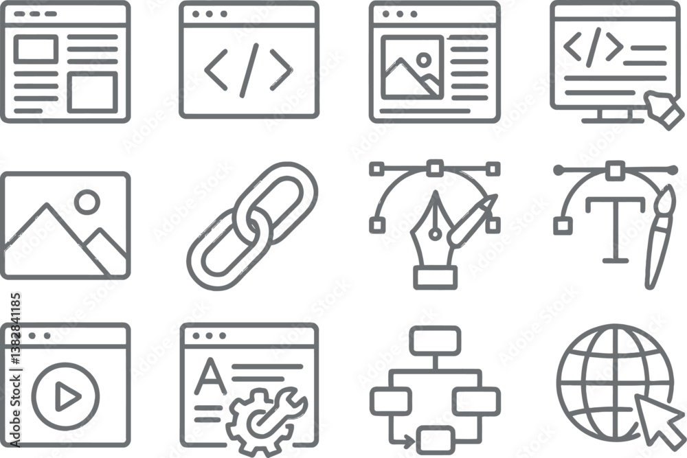 Poster Vector illustration of various line icons representing web design, development tools, and digital content creation