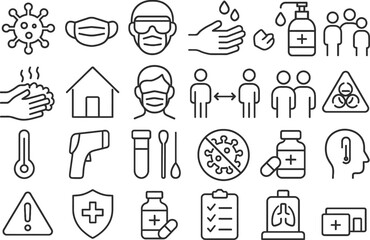Fototapeta premium Vector illustration of health and safety icons related to hygiene, illness prevention, and healthcare practices during a pandemic