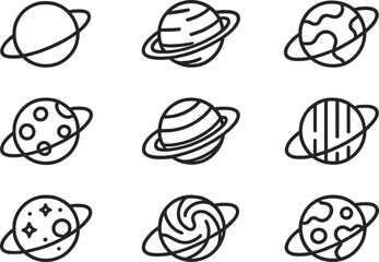 Collection of vector illustration line icons depicting various planets in a simplistic and modern design