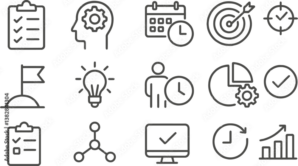 Aufkleber vector illustration of line icons showcasing planning, productivity, and time management concepts in