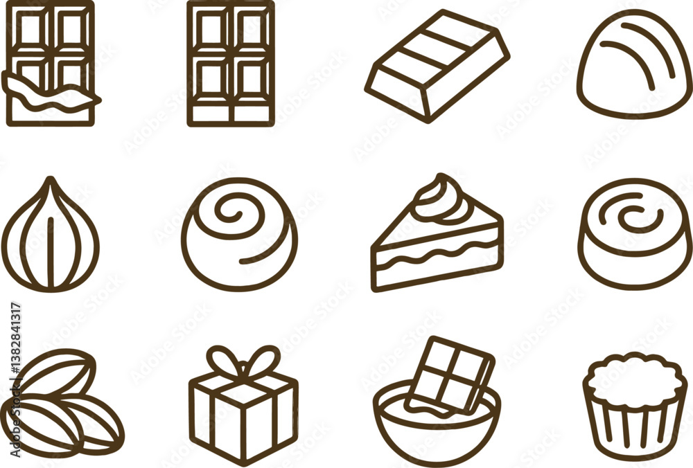 Poster explore a collection of vector illustration line icons showcasing various chocolate confections and 