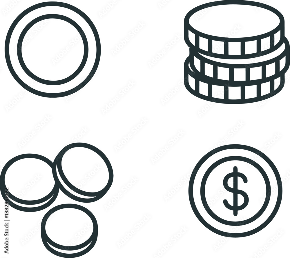 Poster Line icons representing various types of currency and coins commonly used in financial transactions and economic activities